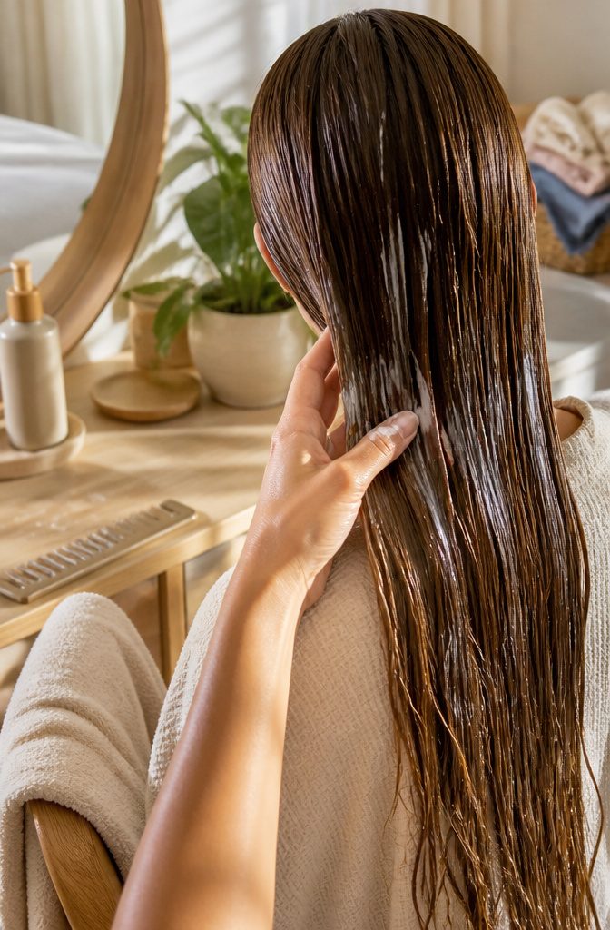 Leave-in conditioner being applied to the middle and ends of damp hair