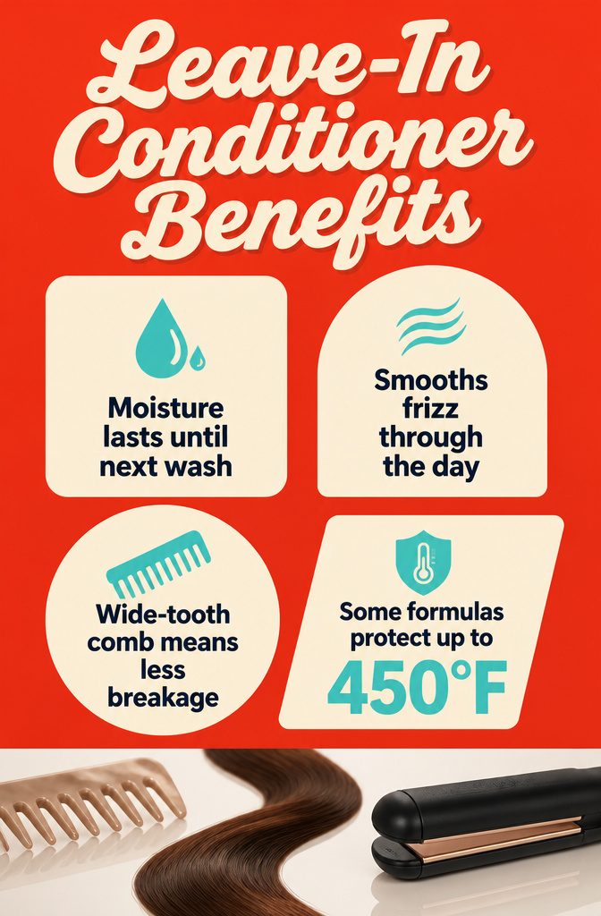 Leave-in conditioner shown with hair benefits for moisture frizz and detangling