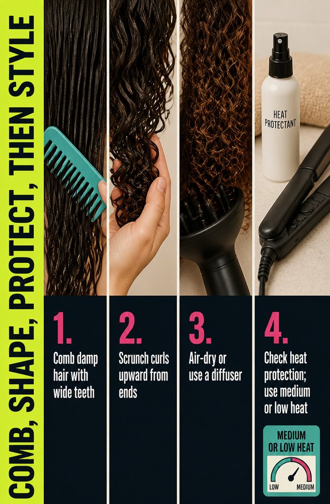 Wide-tooth comb moving through damp hair after leave-in conditioner application