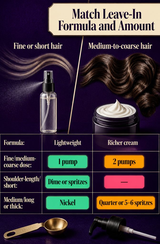Leave-in conditioner formulas and measured amounts matched to different hair types