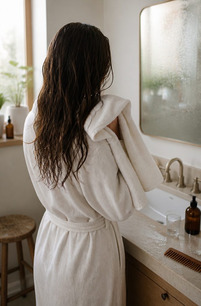 Damp loose hair gently patted with a cotton hair towel