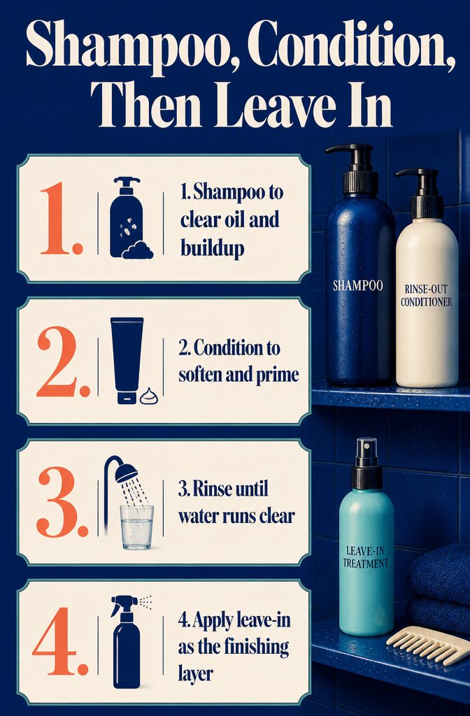 Shampoo, rinse-out conditioner, and leave-in conditioner arranged as three hair care steps