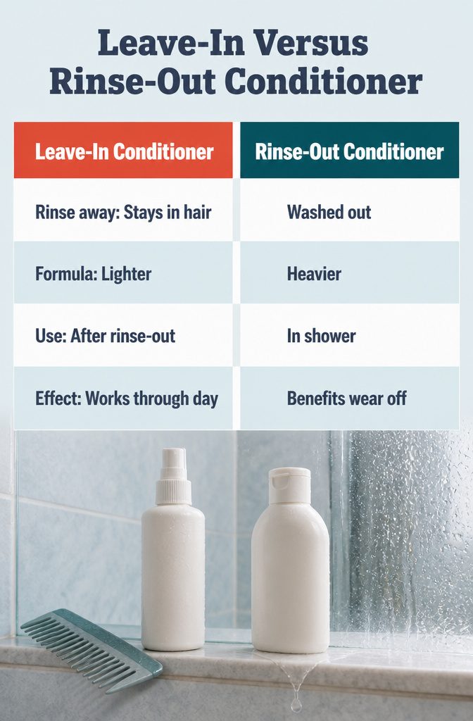 Leave-in conditioner beside rinse-out conditioner with distinct use instructions
