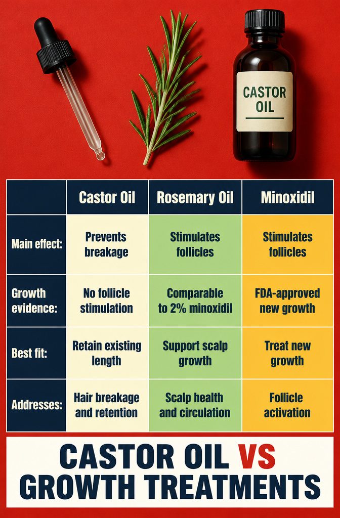 Hair treatment comparison graphic featuring castor oil rosemary oil and minoxidil
