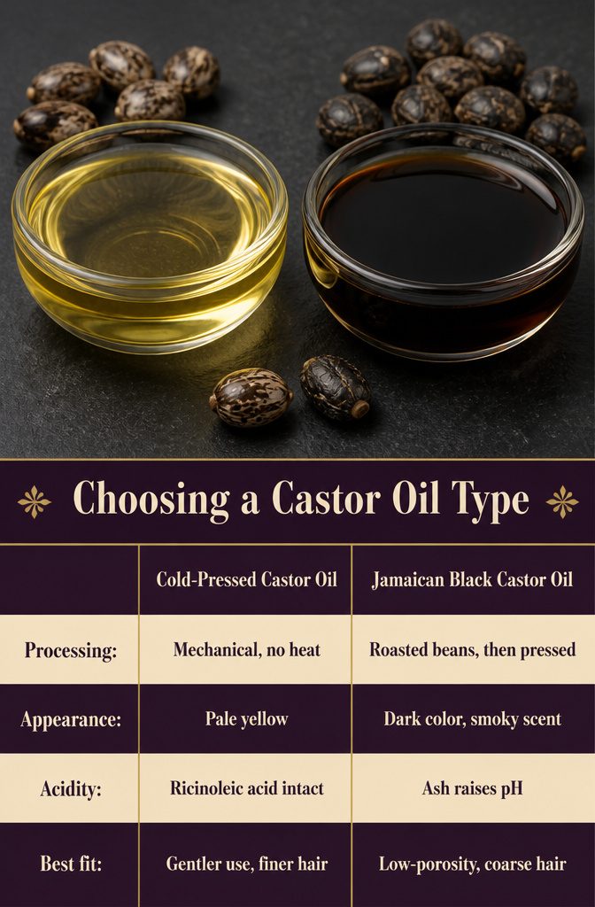 Castor oil type guide comparing cold-pressed and Jamaican black oil