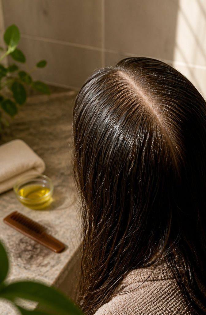 Sparse hair part with visible scalp and lightly oiled strands