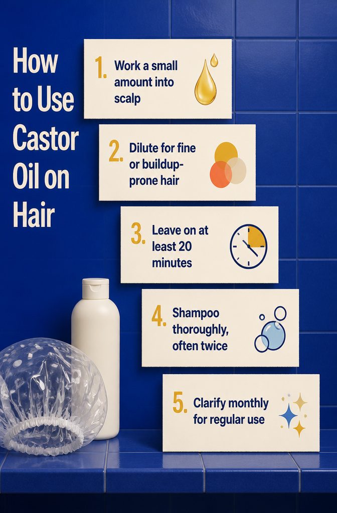Castor oil hair-use graphic with instructions for application and removal