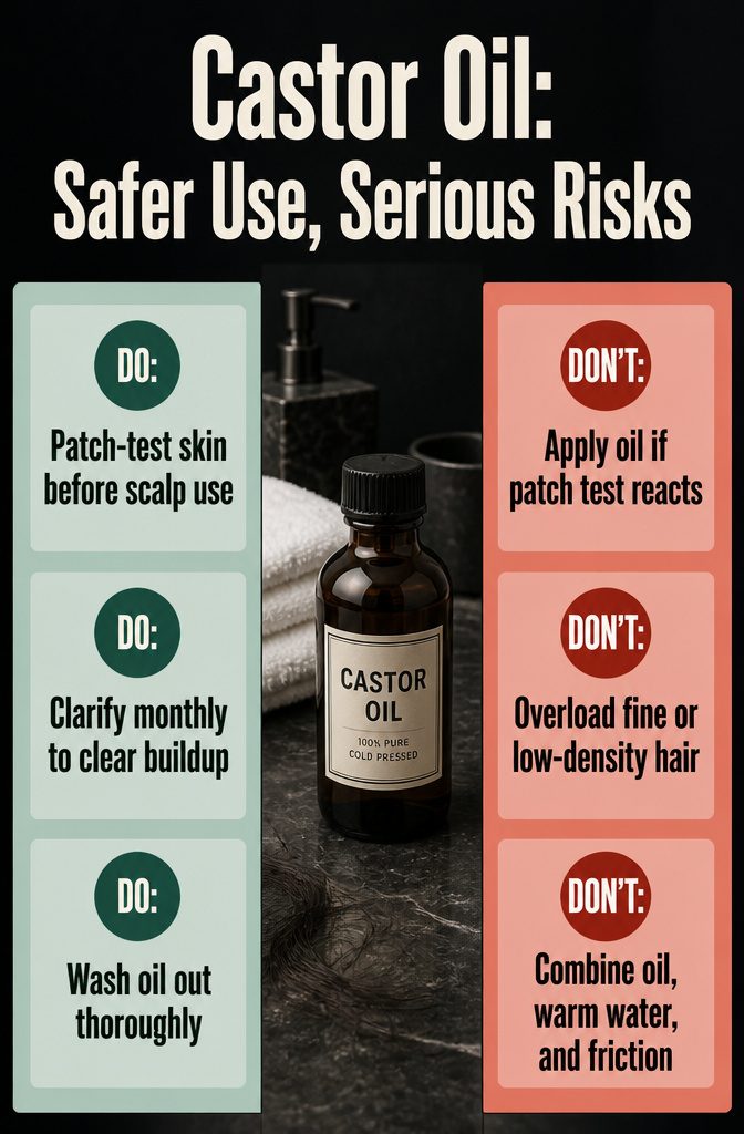 Castor oil safety graphic about irritation buildup and hair matting