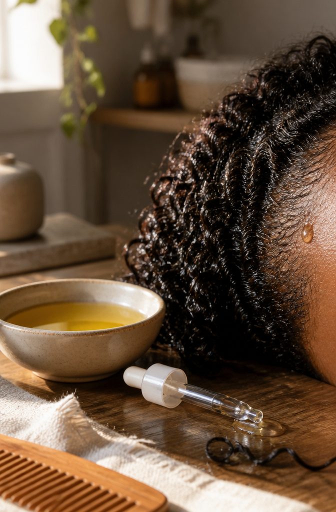 Glossy curl against a moisturized scalp with a bead of castor oil