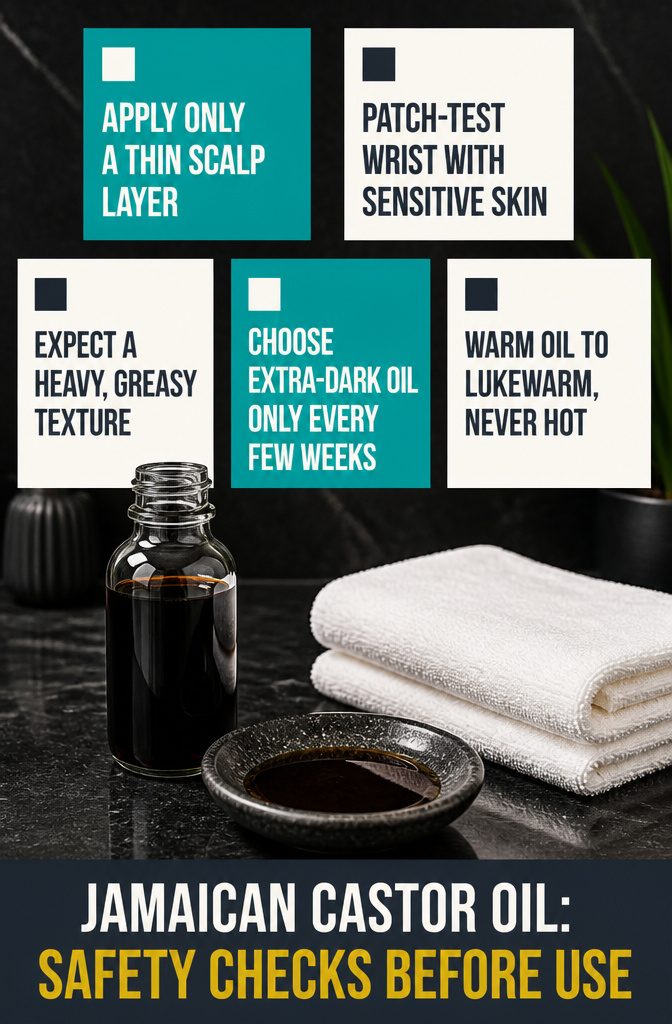 Beauty infographic titled Jamaican Castor Oil Safety Checks Before Use