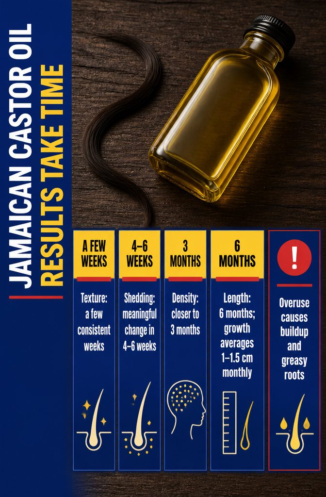 Beauty infographic titled Jamaican Castor Oil Results Take Time