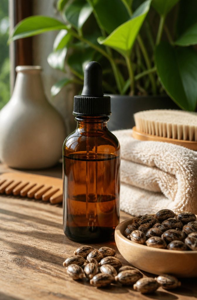 Jamaican castor oil beside a hair care setup