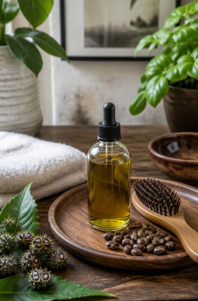 Jamaican castor oil in a small bowl near a double boiler