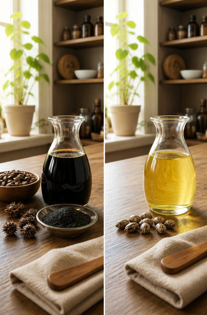 Jamaican castor oil arranged for a hair growth article