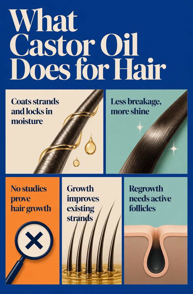 Beauty infographic titled What Castor Oil Does for Hair