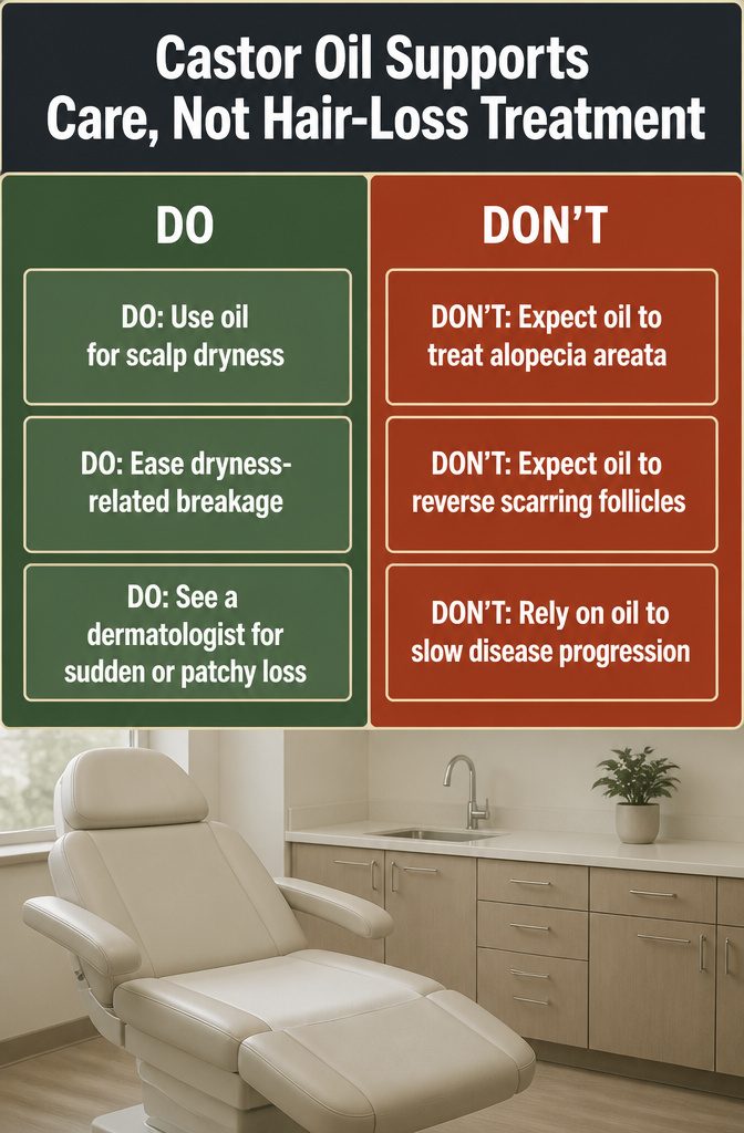 Beauty infographic titled Castor Oil Supports Care Not Hair-Loss Treatment