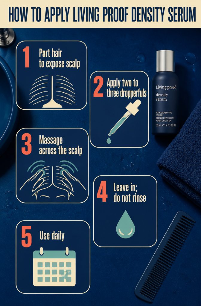 Beauty infographic with steps for applying Living Proof serum to the scalp