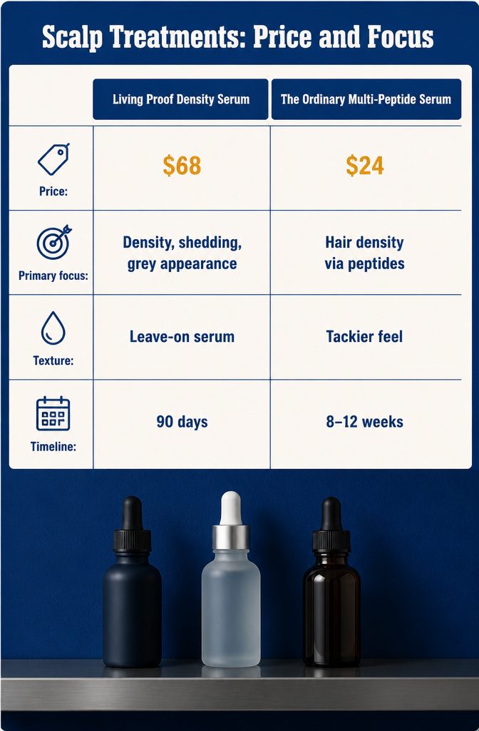 Beauty infographic comparing scalp treatments by price and primary focus