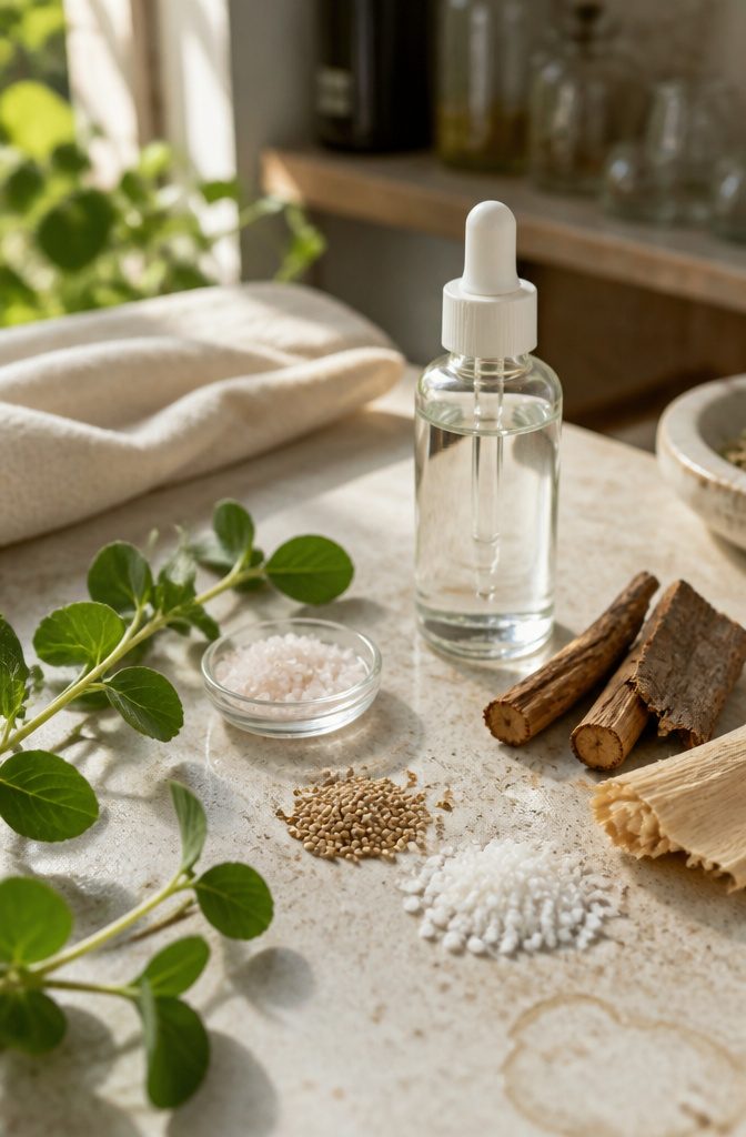 Clear serum beside pale zinc salts pea sprout leaves licorice root oak bark and larch wood