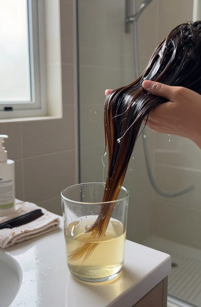 Glossy hair wet with diluted apple cider vinegar rinse
