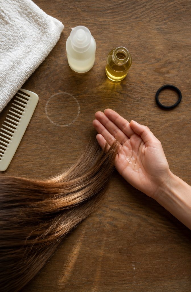 Light hair products arranged beside low-porosity hair