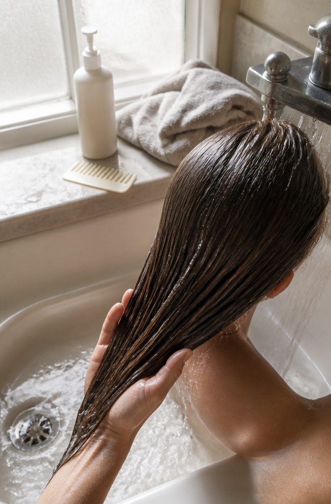 Hair being washed with clarifying shampoo