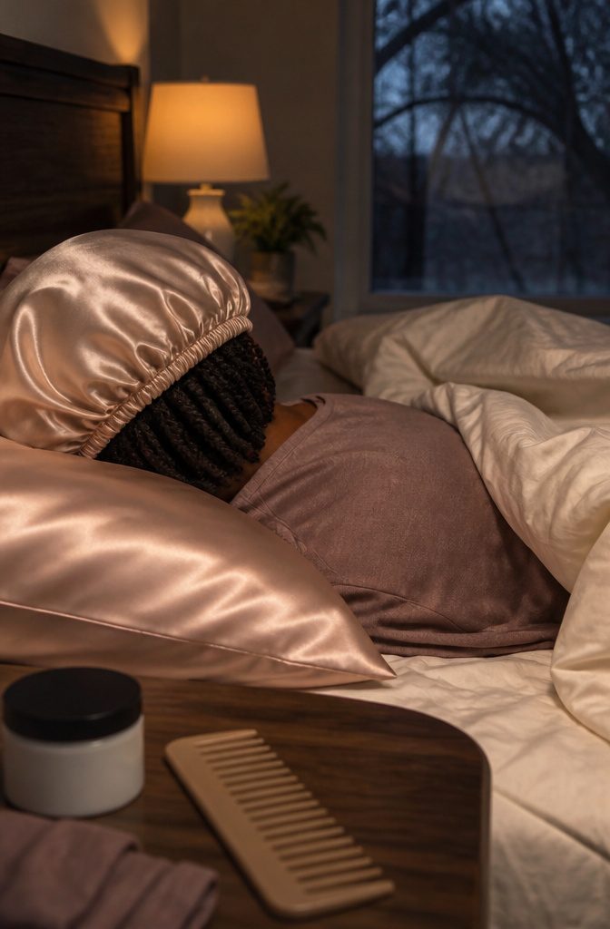 Neat twists beneath a satin hair cap beside a satin pillowcase
