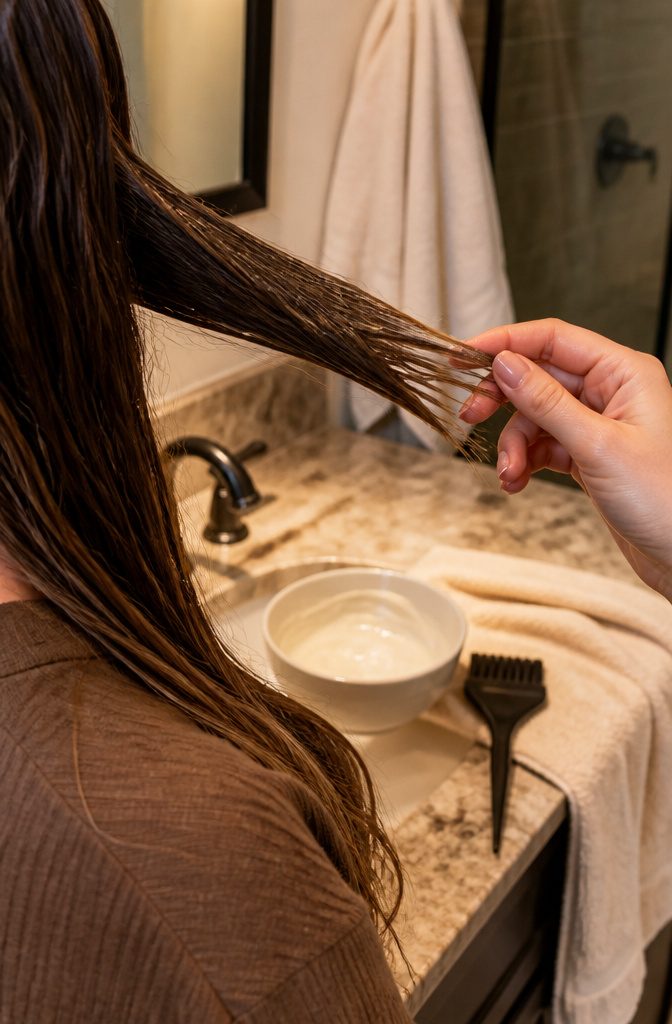 Stiff bent hair beside a bowl of mask and tint brush