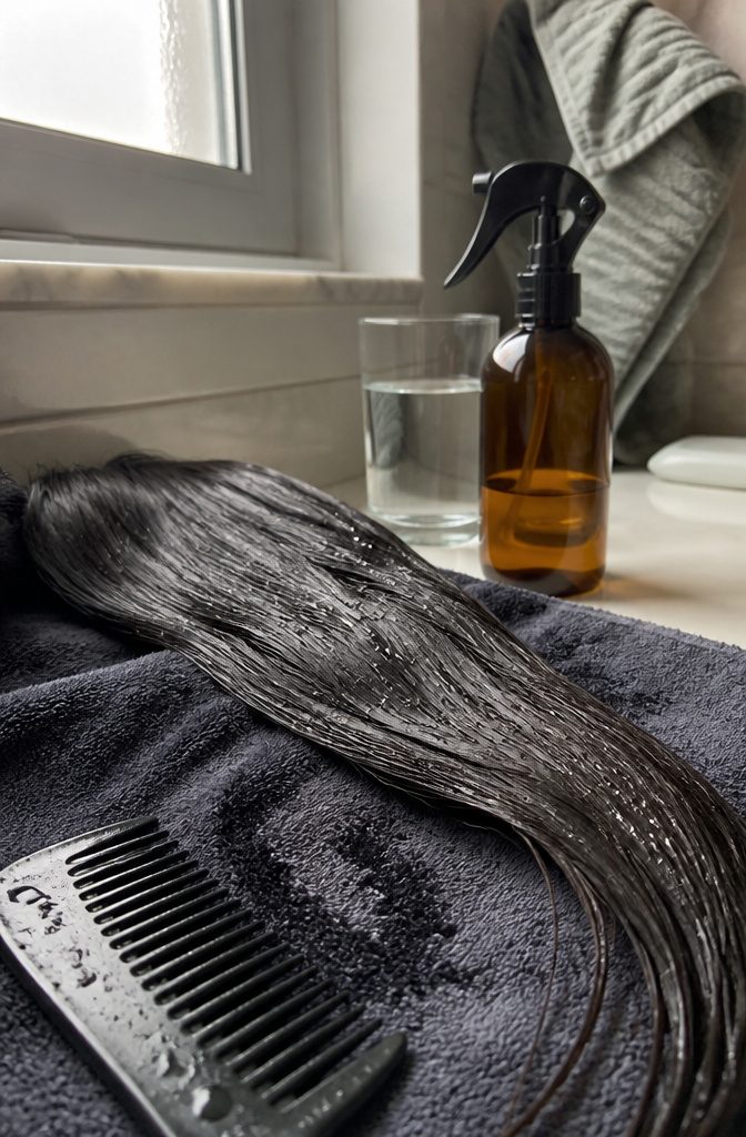Clean hair with water droplets beside a spray bottle and glass