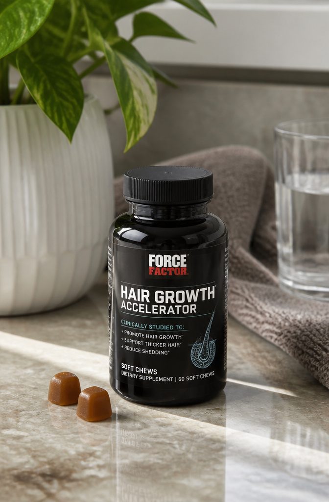 Force Factor hair growth soft chews in mixed berry flavor