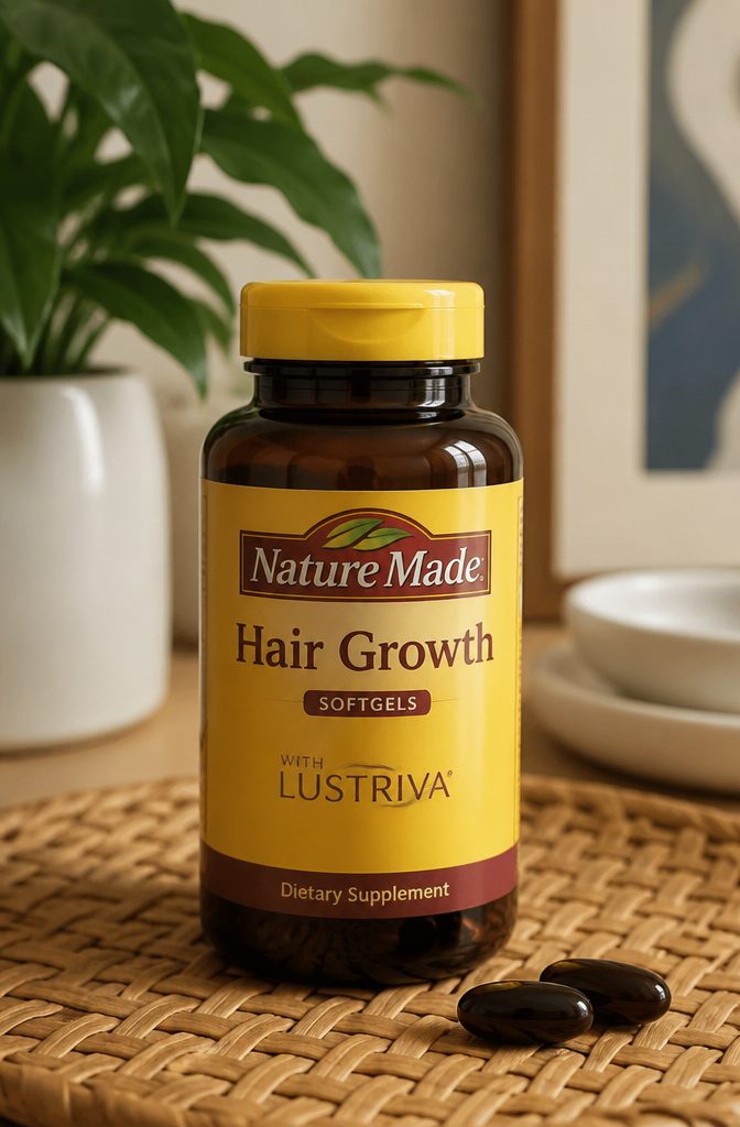 Nature Made Lustriva hair growth softgels and labeled bottle