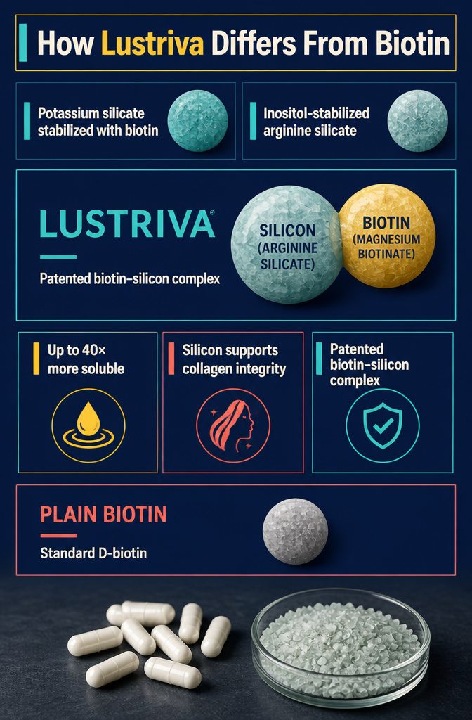 Lustriva and biotin comparison graphic with beauty styling