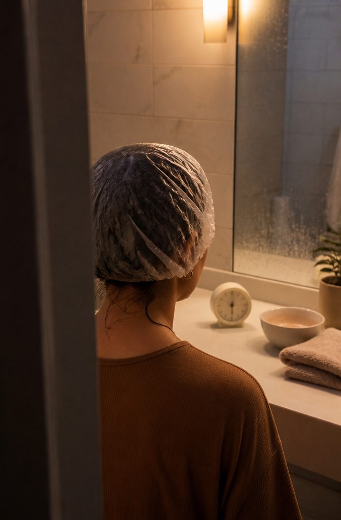 Dark damp hair gathered beneath a translucent shower cap