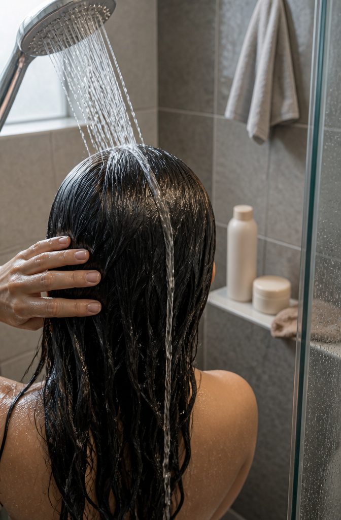 Hair being rinsed with lukewarm water after an onion juice treatment
