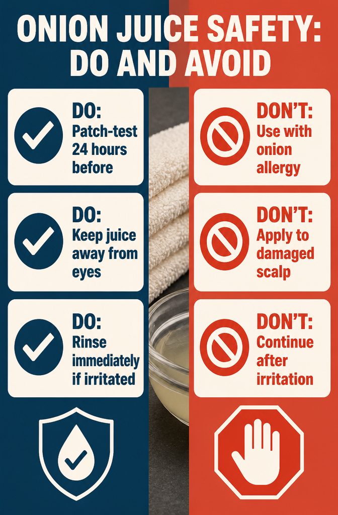 Beauty safety graphic showing precautions for onion juice on the scalp