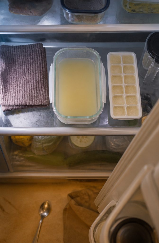 Airtight container of leftover onion juice stored in a refrigerator