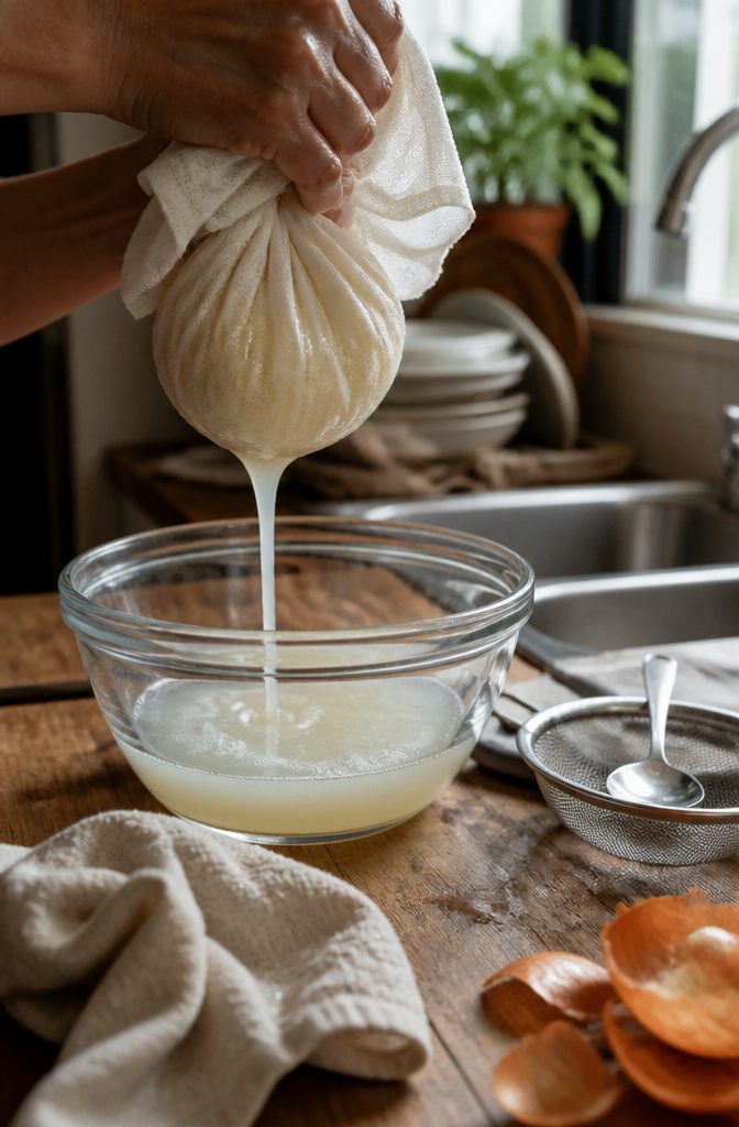 Cheesecloth pouch of pale onion pulp squeezed over a clean glass bowl