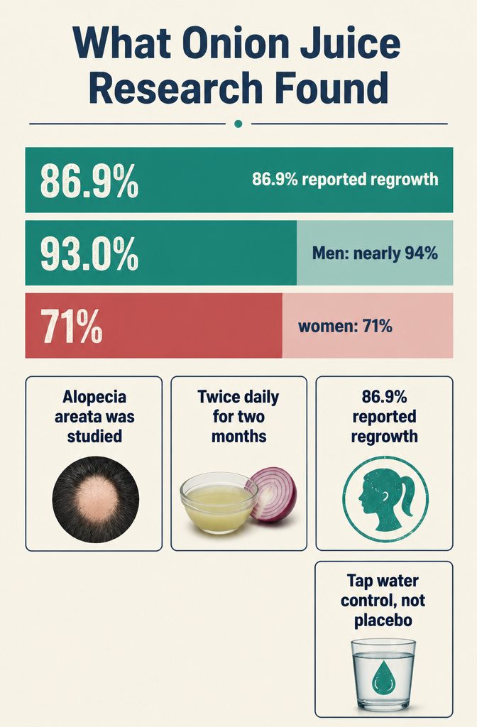 Beauty information graphic summarizing research on onion juice for hair loss