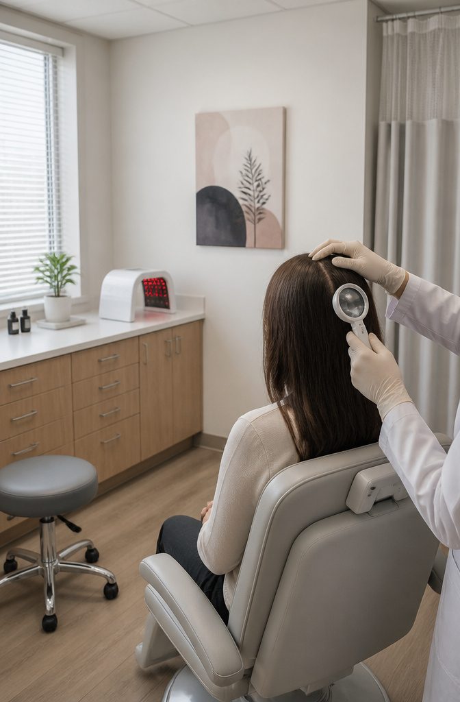 Person consulting a dermatologist about hair loss and scalp concerns