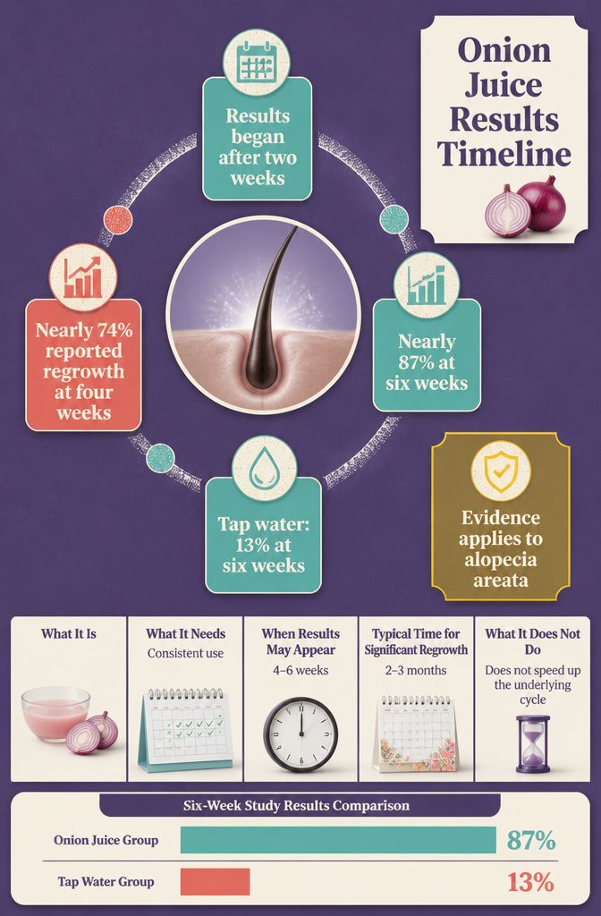 Beauty information graphic showing a timeline for onion juice study results