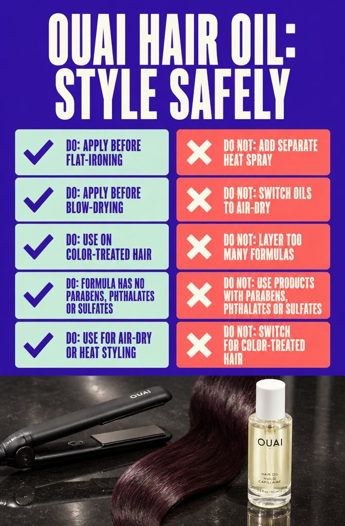 Beauty information graphic titled OUAI Hair Oil: Style Safely