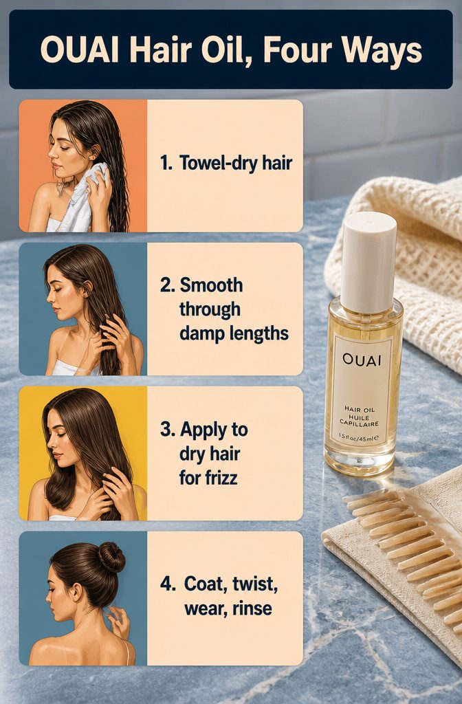 Beauty information graphic titled OUAI Hair Oil, Four Ways