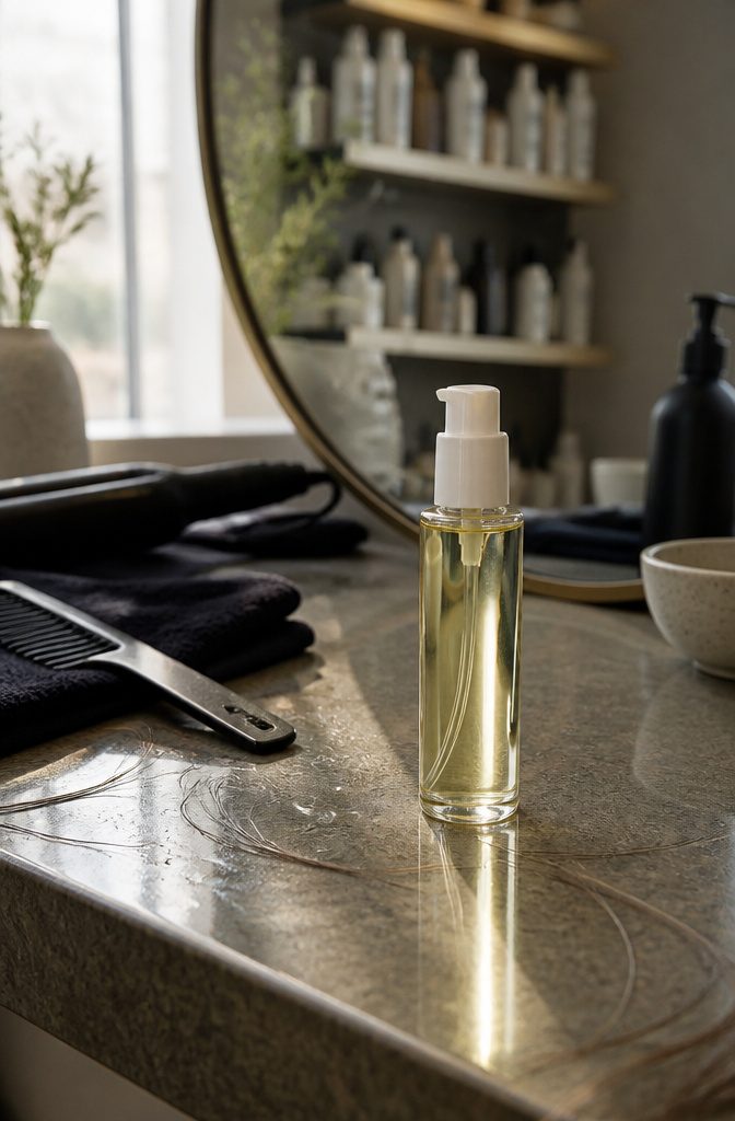 OUAI Hair Oil bottle arranged for a hair care article