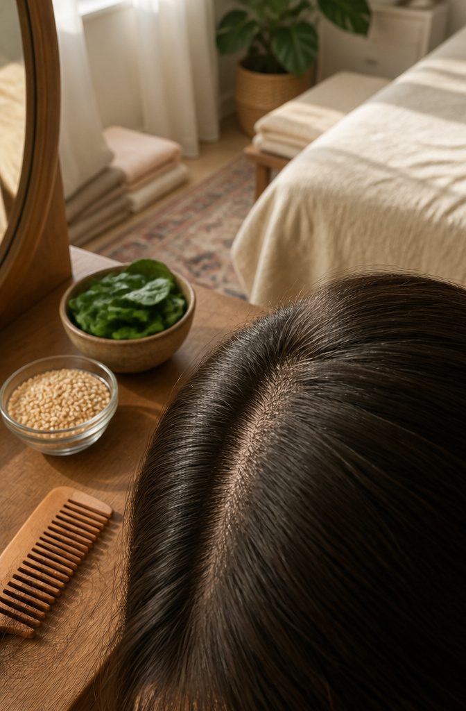 Healthy hair strands emerging from a visible scalp part