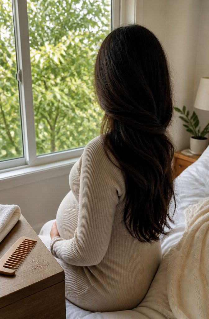 Pregnant woman with abundant hair gathered over one shoulder