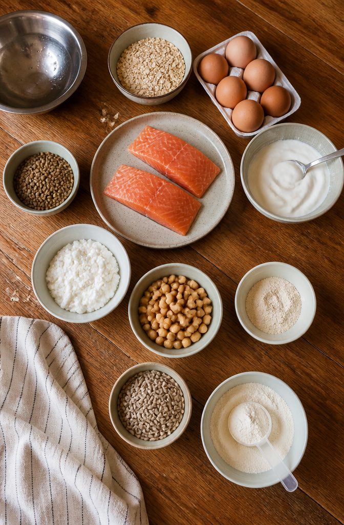Protein-rich foods including eggs, yogurt, salmon, legumes, nuts, and seeds