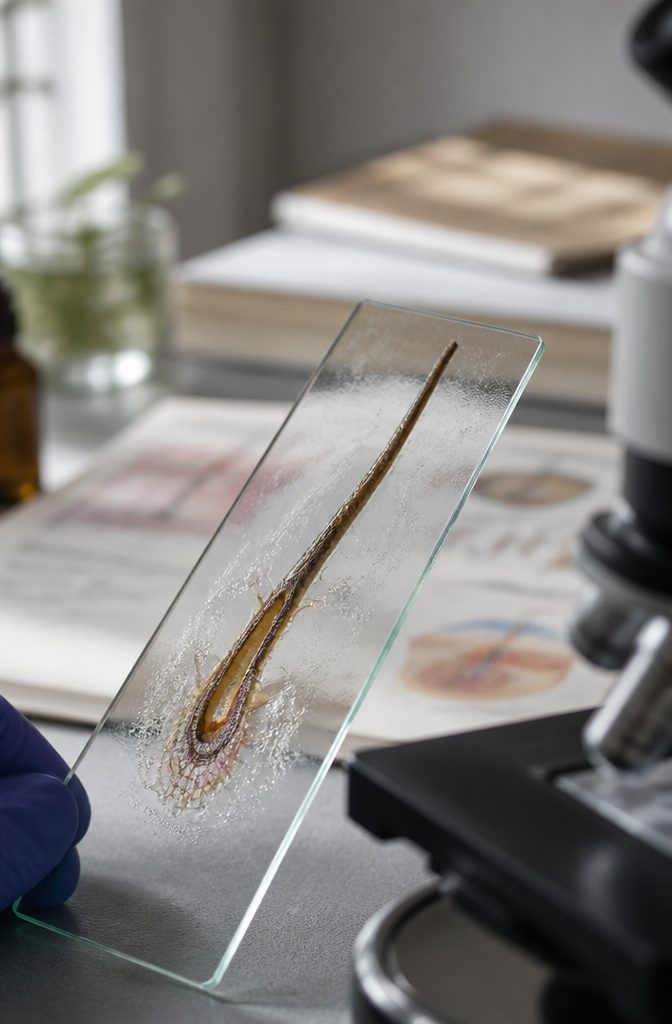 Hair shaft running from a cut end into a follicle beneath the skin