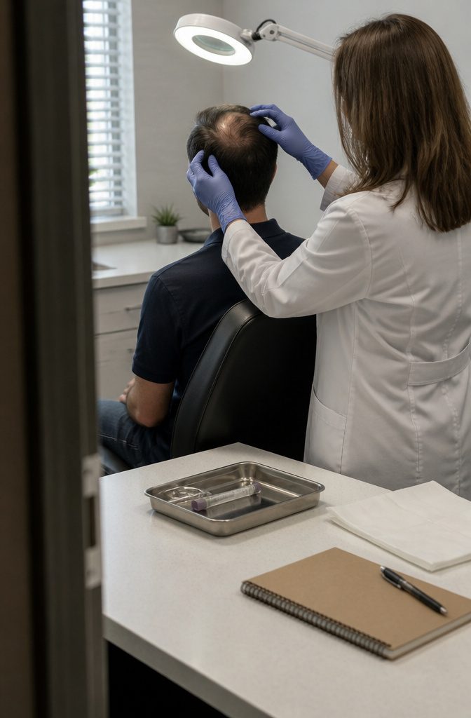 Dermatologist examining a patient's scalp with thinning at the crown and temples