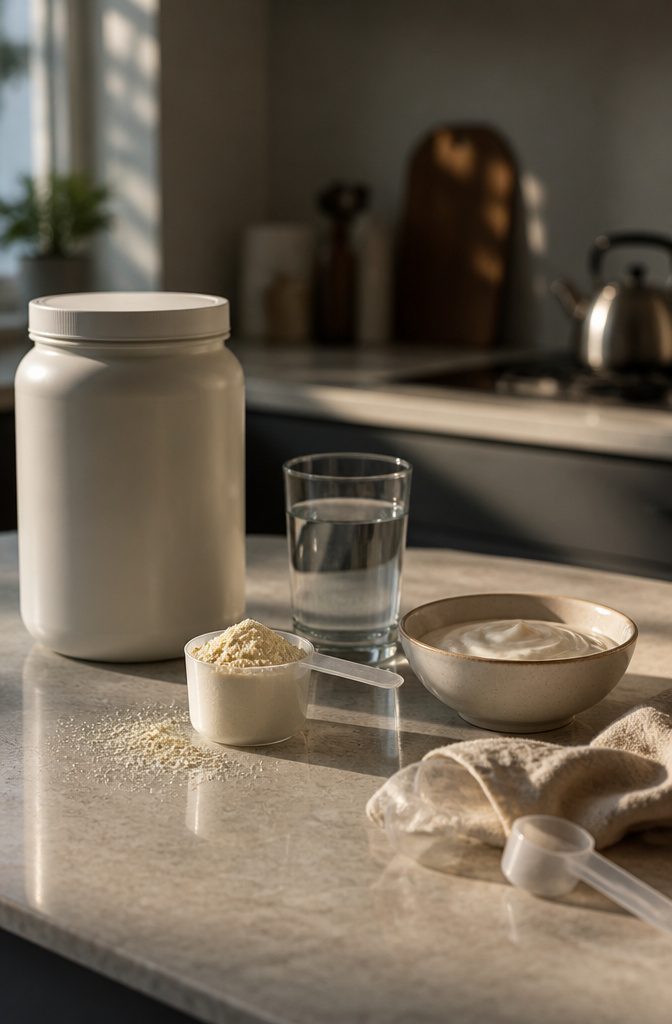 Protein powder container beside a scoop of powder