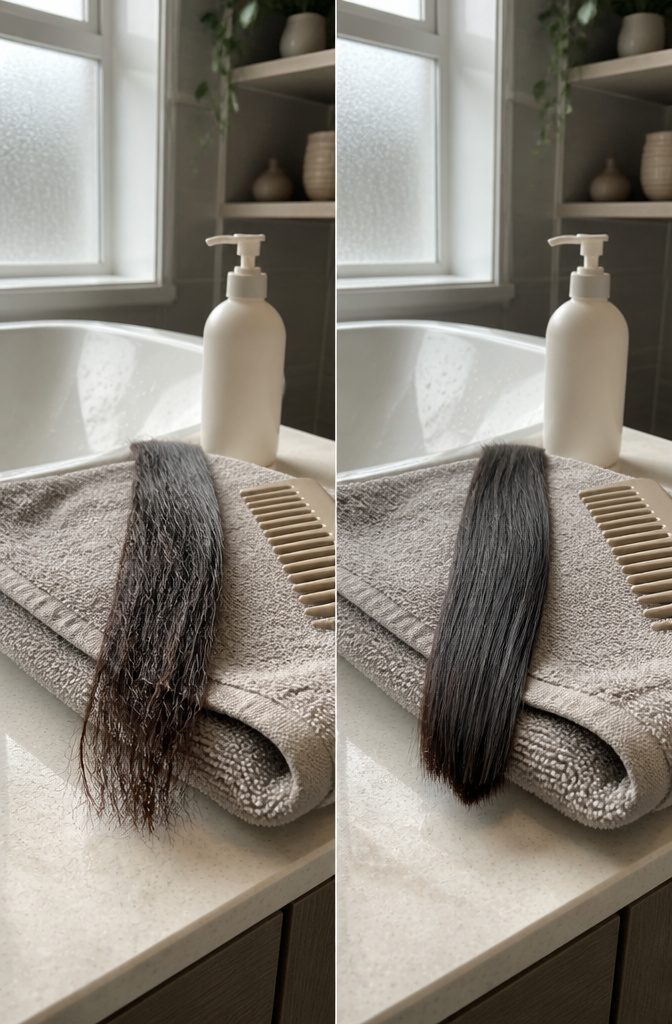 Hair strands showing rough texture and product buildup